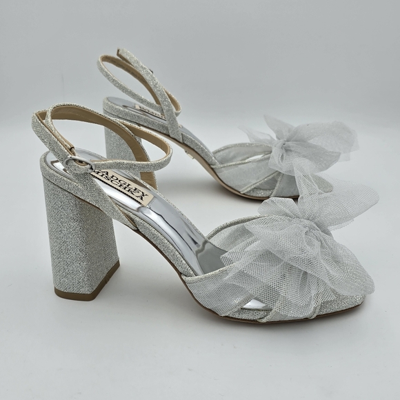 Badgley Mischka Tess Block Heel Sandals with Mesh Poof Bow, Silver Metallic, 6 - Picture 3 of 16